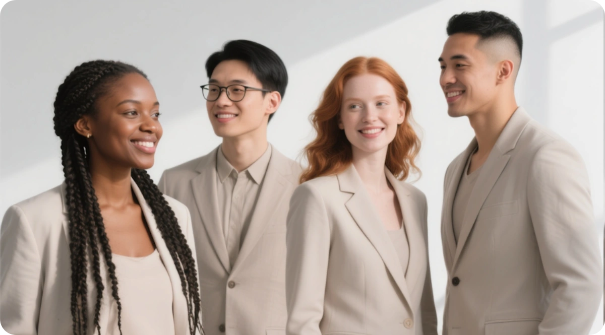Diverse group of four young professionals smiling and standing together wearing light beige business attire.
