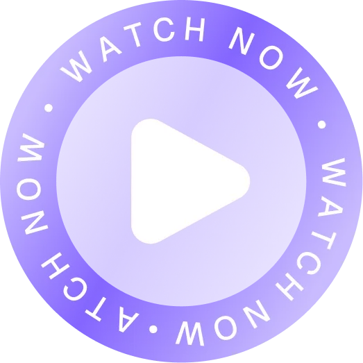Blue circular button with white play icon in the center and the text 'WATCH NOW' repeated around the edge.